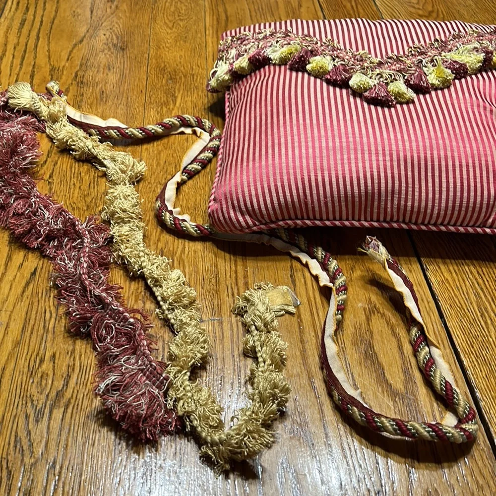 Damask fabric stripe pillow.  Custom made throw pillow.  Maroon & gold.
